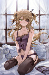 Rule 34 | 1girl, absurdres, artist name, between legs, black panties, black thighhighs, blonde hair, blush, book, breasts, cleavage, collarbone, curtains, eyepatch, fischl (genshin impact), garter straps, genshin impact, green eyes, hair ribbon, hand between legs, highres, hy (hem oo), long hair, looking at viewer, midriff, navel, nightgown, on bed, panties, pillow, ribbon, seiza, sitting, small breasts, smile, solo, thighhighs, thighs, two side up, underwear, window