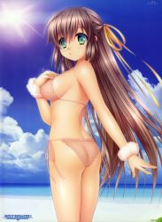 Rule 34 | 1girl, absurdres, ass, beach, bikini, breasts, brown hair, butt crack, copyright name, copyright request, day, from side, green eyes, hair ribbon, half updo, hand on own chest, highres, hinoue itaru, holy breaker, huge filesize, large breasts, long hair, ocean, outdoors, ribbon, side-tie bikini bottom, sideboob, solo, swimsuit, yellow ribbon