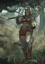 Rule 34 | 1girl, absurdres, animal ears, armor, axe, battle axe, brown eyes, brown hair, cat ears, cat tail, commentary request, forest, full body, helmet, highres, holding, holding helmet, holding weapon, midriff, nature, original, outdoors, over shoulder, pauldrons, shorts, shoulder armor, single pauldron, solo, sonech, standing, tail, unworn headwear, unworn helmet, weapon, weapon over shoulder