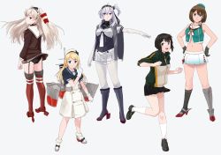 Rule 34 | 5girls, amatsukaze (kancolle), anchor symbol, bad id, bad twitter id, beret, black footwear, black gloves, black hair, black headband, black panties, black sailor collar, black skirt, blonde hair, blue eyes, blue sailor collar, bodysuit, brown dress, brown eyes, brown hair, clothes writing, commentary request, corset, dress, from behind, full body, garter straps, gloves, grey eyes, grey jacket, hachimaki, hair between eyes, hair ornament, hair tubes, hairclip, hands on own hips, hat, hat ribbon, hayasui (kancolle), headband, headgear, highres, jacket, jervis (kancolle), kantai collection, loafers, long hair, looking at viewer, looking back, machinery, maya (kancolle), midriff, mini hat, multicolored clothes, multicolored jacket, multiple girls, ojipon, one side up, panties, pantyhose, pleated skirt, red legwear, red ribbon, remodel (kantai collection), ribbon, sailor collar, sailor dress, sailor hat, school uniform, serafuku, shoes, short dress, short hair, short sleeves, silver hair, skirt, sleeveless, standing, striped clothes, striped legwear, striped thighhighs, suzutsuki (kancolle), thighhighs, track jacket, two side up, underwear, white bodysuit, white dress, white gloves, white headwear, white neckwear, white skirt, x hair ornament