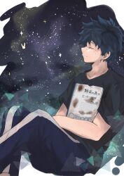 Rule 34 | 1boy, absurdres, black shirt, blue pants, boku no hero academia, closed eyes, closed mouth, cowboy shot, crying, dark green hair, freckles, highres, holding, holding notebook, male focus, midoriya izuku, night, night sky, notebook, pants, r1014-chopper, shirt, short sleeves, sitting, sky, solo, star (sky), starry sky, t-shirt, tears