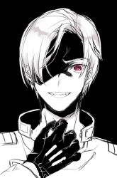 Rule 34 | 1boy, adler, akatsuki blitzkampf, black background, evil smile, fangs, gloves, ishitsuki merokoa, looking at viewer, male focus, military, military uniform, monochrome, one eye covered, red eyes, shaded face, short hair, simple background, smile, solo, uniform, white hair