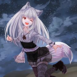 Rule 34 | 1girl, animal ears, black pantyhose, black shirt, highres, leg up, long hair, myuri (spice and wolf), night, night sky, one eye closed, open mouth, outdoors, outstretched arm, pantyhose, pantyhose under shorts, pouch, print pantyhose, red eyes, sash, shinsetsu spice and wolf, shirt, shoes, shorts, silver hair, sky, smile, solo, spice and wolf, standing, standing on one leg, star (sky), tail, teikiatsu, white shirt, wolf ears, wolf tail