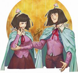 Rule 34 | 1boy, 1girl, amanomiya jun, amanomori shou, amanomori shou (slug), animal, animal on shoulder, artist name, beard stubble, black eyes, black hair, blue cape, blunt bangs, blunt ends, blush stickers, bow, bowtie, breasts, bulge, cape, circle, collared shirt, commentary, cowboy, cowboy western, dual persona, english commentary, eyelashes, facial hair, fingernails, genderswap, genderswap (otf), genderswap (otm), hairband, hand on another&#039;s back, hand on own cheek, hand on own elbow, hand on own face, highres, large breasts, layered shirt, len&#039;en, long sleeves, looking at viewer, open mouth, outline, pants, pink shirt, pink sleeves, polka dot, rainbow gradient, red bow, red bowtie, red pants, red skirt, shirt, short hair, signature, skirt, smile, stubble, teeth, thick eyebrows, umbrella hair ornament, western, white background, white hairband, white outline, white shirt, yoomah