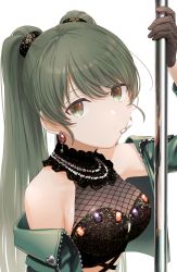 Rule 34 | 1girl, absurdres, black dress, black gloves, breasts, dress, earrings, fishnet gloves, fishnets, gloves, green eyes, green hair, headset, highres, idolmaster, idolmaster shiny colors, jacket, jewelry, long hair, medium breasts, microphone, migechi, nanakusa nichika, open clothes, open jacket, pole, simple background, solo, twintails, white background