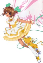 Rule 34 | 1990s (style), 1girl, antenna hair, cardcaptor sakura, child, frilled thighhighs, frills, full body, hair intakes, kero (cardcaptor sakura), kinomoto sakura, official art, retro artstyle, single thighhigh, thighhighs, transparent background, two side up, white thighhighs, wings
