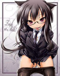 Rule 34 | 1girl, animal ears, black hair, clothes pull, female protagonist (houkago play), glasses, houkago play, long hair, naughty face, necktie, nilitsu, pantyhose, pantyhose pull, pink eyes, school uniform, solo, tongue