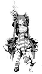 Rule 34 | 1girl, :3, animal ears, arms up, bell, bow, braid, breasts, cat ears, choker, cleavage, dress, extra ears, feet, frilled dress, frills, greyscale, hair bow, high heels, highres, jingle bell, kaenbyou rin, legs, long hair, medium breasts, monochrome, pointing, pointy ears, puffy sleeves, ruukii drift, shoe dangle, shoes, single shoe, sitting, sketch, solo, striped clothes, striped thighhighs, thighhighs, touhou, twin braids, very long hair