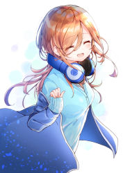 Rule 34 | 1girl, :d, ^ ^, absurdres, blue cardigan, blue jacket, blush, breasts, brown hair, cardigan, closed eyes, commentary request, facing viewer, fingernails, go-toubun no hanayome, hair between eyes, hand up, headphones, headphones around neck, highres, himemiya shuang, jacket, long hair, long sleeves, nakano miku, off shoulder, open clothes, open jacket, open mouth, round teeth, sleeves past wrists, small breasts, smile, solo, teeth, upper teeth only, white background