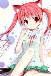 Rule 34 | 1girl, alternate costume, alternate hairstyle, animal ears, bare legs, cat ears, cat girl, extra ears, female focus, food, ice cream, kaenbyou rin, long hair, popsicle, red eyes, red hair, shichinose, shirt, sitting, skirt, sleeveless, sleeveless shirt, smile, solo, standing, touhou, twintails
