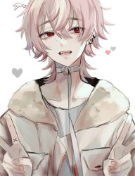 Rule 34 | 1boy, a20190422, bad id, bad twitter id, choker, ear piercing, fangs, heart, jacket, long sleeves, looking to the side, male focus, open mouth, paradox live, piercing, pink hair, red eyes, rokuta, shirt, solo, v, white background
