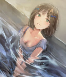 Rule 34 | 1girl, amami haruka, blue bow, blue dress, bow, bra strap, breasts, brown hair, cleavage, closed mouth, collarbone, dress, green eyes, hair bow, idolmaster, idolmaster (classic), kayako (tdxxxk), looking at viewer, looking up, medium breasts, partially submerged, short hair, short sleeves, sitting, sketch, solo