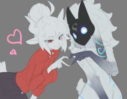 Rule 34 | 2girls, absurdres, cheap (cheapdraw), furrification, furry, goat, goat tail, grey background, heart, heart hands, helltaker, highres, kindred (league of legends), league of legends, lucifer (helltaker), mask, mole, mole under eye, multiple girls, red eyes, red shirt, sheep, sheep tail, shirt, smug, tail, white fur, white hair