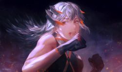 Rule 34 | 1girl, arknights, artist name, black gloves, black shirt, blood, blood from mouth, commentary, dragon horns, earrings, gloves, hands up, highres, horns, jewelry, keibleh, long hair, looking at viewer, orange eyes, parted lips, saria (arknights), shirt, silver hair, sleeveless, sleeveless shirt, solo, sparks, stud earrings, upper body
