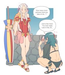 ass bikini black_bikini black_cape blue_hair byleth_(female)_(fire_emblem) byleth_(female)_(summer)_(fire_emblem) byleth_(fire_emblem) cape casual_one-piece_swimsuit edelgard_von_hresvelg edelgard_von_hresvelg_(summer) fire_emblem fire_emblem:_three_houses fire_emblem_heroes flower frilled_one-piece_swimsuit frills hair_flower hair_ornament hibiscus high_heel_sandals highres nintendo off-shoulder_one-piece_swimsuit off_shoulder official_alternate_costume one-piece_swimsuit orange_flower radiostarkiller red_flower red_one-piece_swimsuit swimsuit umbrella umbrella_flower yuri