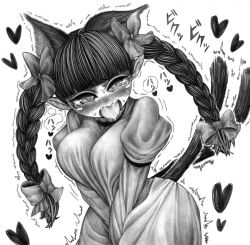 Rule 34 | 1girl, animal ears, blush, braid, breasts, cat ears, cat girl, commentary request, dress, female focus, greyscale, hair ribbon, heart, heart-shaped pupils, in heat, kaenbyou rin, kawazoi riverside, large breasts, looking at viewer, monochrome, multiple tails, pointy ears, ribbon, simple background, slit pupils, solo, symbol-shaped pupils, tail, tearing up, tears, thighs, tongue, tongue out, touhou, translation request, trembling, twin braids, twintails, two tails, v arms, white background