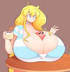 Rule 34 | 1girl, between breasts, blonde hair, braid, breast rest, breasts, cassie (theycallhimcake), choker, cleavage, cup, curvy, gigantic breasts, highres, motion lines, mug, original, purple eyes, shirt, simple background, solo, striped clothes, striped shirt, theycallhimcake