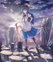 Rule 34 | 1girl, blue hair, boots, bow, cloud, dress, female focus, food, fruit, hat, hinanawi tenshi, keystone, leaf, long hair, milent, peach, puffy sleeves, red eyes, ribbon, rope, shimenawa, short sleeves, sky, solo, sword, sword of hisou, touhou, weapon