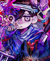Rule 34 | 1boy, bandaged head, bandages, bandaid, black hair, blood, blue shirt, closed mouth, eyepatch, feet, flower, hair behind ear, hair between eyes, highres, kitchen knife, knife, medical eyepatch, official alternate costume, official alternate eye color, omori, parted lips, photo (object), purple blood, shirt, short hair, solo, spoilers, stab, sunny (omori), tearing up, turtleneck, uminosoko44, watermelon seeds, white eyes, yellow flower