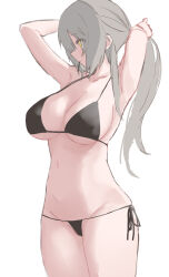 Rule 34 | 1girl, armpits, arms up, bikini, black bikini, black ribbon, breasts, cleavage, cowboy shot, ff frbb122, girls&#039; frontline, grey hair, hair tie, highres, large breasts, long hair, mouth hold, navel, ponytail, ribbon, side-tie bikini bottom, simple background, solo, stomach, swimsuit, tying hair, ump40 (girls&#039; frontline), white background, yellow eyes