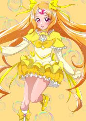 Rule 34 | absurdres, blush, boots, brooch, bubble, bubble skirt, capelet, choker, cowboy shot, cure muse (yellow), dress, frilled skirt, frills, hair ribbon, highres, jewelry, kypkenta, long sleeves, looking at viewer, open mouth, orange background, orange hair, precure, purple eyes, ribbon, shirabe ako, shirt, simple background, skirt, smile, standing, standing on one leg, suite precure, tiara, yellow choker, yellow dress, yellow footwear, yellow ribbon, yellow shirt