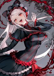 Rule 34 | 1girl, :d, black dress, blonde hair, blood, blush, bow, breasts, dress, fangs, frilled dress, frills, gothic lolita, head tilt, highres, lolita fashion, long hair, looking at viewer, open mouth, overlord (maruyama), ponytail, red eyes, shalltear bloodfallen, sidelocks, silver hair, slit pupils, smile, solo, sunako (veera), tsurime, twitter username, two-tone dress, vampire, very long hair