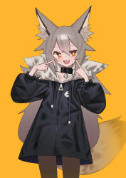 Rule 34 | 1girl, absurdres, animal ears, black jacket, choker, fang, fox ears, fox girl, fox tail, grey hair, highres, jacket, open mouth, original, pointing, pointing at self, saaal653, short hair, simple background, solo, tail, thighhighs