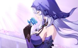 Rule 34 | 1girl, absurdres, bare shoulders, black gloves, black swan (honkai: star rail), blue flower, blue rose, breasts, cleavage, closed eyes, commentary request, dress, flower, gloves, hand up, highres, holding, holding flower, honkai: star rail, honkai (series), large breasts, long hair, manboygxg, purple dress, purple hair, rose, smile, solo, upper body, veil, very long hair