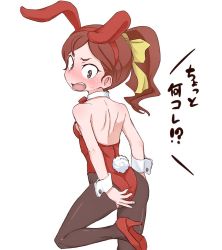 Rule 34 | 10s, 1girl, akita (20033203), animal ears, bare shoulders, black eyes, black pantyhose, blush, bow, bowtie, detached collar, embarrassed, fake animal ears, hair bow, hannah england, high heels, leotard, little witch academia, long hair, open mouth, pantyhose, playboy bunny, ponytail, rabbit ears, rabbit tail, red hair, simple background, solo, standing, standing on one leg, tail, thighs, white background, wrist cuffs