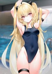 Rule 34 | 1girl, absurdres, arm behind head, arm strap, armpits, arms up, blonde hair, blue one-piece swimsuit, blurry, blurry background, blush, breasts, cameltoe, covered navel, cowboy shot, hair between eyes, hair intakes, hair ornament, highres, konjiki no yami, long hair, looking at viewer, medium breasts, one-piece swimsuit, parted lips, pool, red eyes, solo, standing, swimsuit, thigh gap, thigh strap, to love-ru, very long hair, yukineko1018