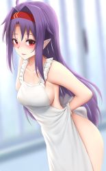 Rule 34 | 1girl, apron, arms behind back, bare arms, bare shoulders, blush, breasts, collarbone, commentary request, ginhaha, hair intakes, hairband, highres, long hair, medium breasts, naked apron, pointy ears, purple hair, red eyes, red hairband, solo, sword art online, very long hair, white apron, yuuki (sao)