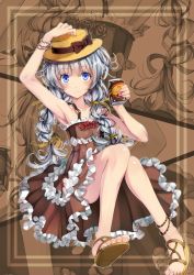 Rule 34 | 1girl, amayofuu, anklet, arm up, armpits, blush, boater hat, braid, coffee, dress, eyelashes, hand on headwear, hat, jewelry, long hair, open mouth, sandals, silver hair, smile, solo, twin braids, yukico-tan, yukijirushi