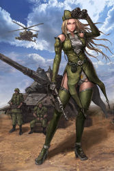 Rule 34 | 1girl, aircraft, blonde hair, cloud, day, gun, helicopter, high heels, long hair, military, military vehicle, motor vehicle, neongun, original, pink eyes, rifle, shoes, sky, soldier, solo, tank, thighhighs, vehicle, weapon