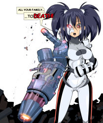 Rule 34 | 1girl, blue hair, bodysuit, breasts, cyborg, eito, female focus, gun, karima shapandar, long hair, marvel, open mouth, red eyes, solo, twintails, weapon, white background