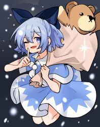 Rule 34 | 1girl, absurdres, bad id, bad pixiv id, blue capelet, blue dress, blue eyes, blue hair, blue ribbon, capelet, cirno, commentary request, dress, hair ribbon, highres, index finger raised, one eye closed, open mouth, qwas69, ribbon, sack, short dress, short hair, smile, snowing, solo, touhou