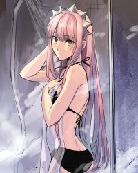 Rule 34 | 1girl, aono shimo, ass, bad id, bad twitter id, blunt bangs, blush, breasts, butt crack, fate/grand order, fate (series), highres, medb (fate), medium breasts, nude, pink hair, showering, sidelocks, solo, yellow eyes