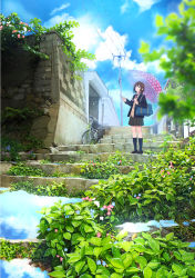 Rule 34 | 1girl, bicycle, black socks, blazer, blue jacket, blue sky, brown eyes, brown footwear, brown hair, cloud, commentary request, grey skirt, highres, holding, holding umbrella, jacket, loafers, necktie, original, pleated skirt, power lines, puddle, red necktie, reflection, sakeharasu, scenery, school uniform, shirt, shoes, short hair, skirt, sky, socks, solo, stairs, standing, umbrella, utility pole, white shirt, wide shot