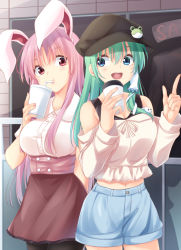 Rule 34 | 2girls, animal ears, black headwear, black legwear, blue eyes, breasts, cleavage, coffee cup, commentary request, cowboy shot, cup, denim, denim shorts, disposable cup, drink, drinking, drinking straw, flat cap, frog hair ornament, green hair, hair ornament, hair tubes, hat, hisae (hisae collect), index finger raised, kochiya sanae, large breasts, long hair, midriff, multiple girls, open mouth, pantyhose, pink hair, rabbit ears, red eyes, reisen udongein inaba, short sleeves, shorts, skirt, smile, snake hair ornament, teeth, touhou, upper teeth only, very long hair