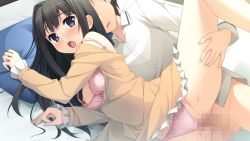 Rule 34 | 1boy, 1girl, ayase sayuki, bed, black hair, blush, bra, bra pull, breasts, censored, clothed sex, clothes pull, clothing aside, dress, dress pull, dutch angle, game cg, hair intakes, hetero, highres, kantoku, long hair, looking at viewer, lying, medium breasts, mosaic censoring, nipples, non-web source, off shoulder, on bed, on side, open mouth, panties, panties aside, penis, pillow, pink bra, pink panties, purple eyes, sex, solo focus, spread legs, sweat, underwear, vaginal, your diary