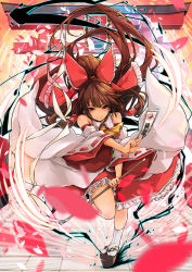 Rule 34 | 1girl, ascot, bow, brown hair, clog sandals, detached sleeves, full body, gohei, hair bow, hair tubes, hakurei reimu, highres, long hair, looking at viewer, maru-pen, ofuda, okobo, outdoors, petals, petticoat, red bow, red eyes, red skirt, ribbon-trimmed sleeves, ribbon trim, sandals, shide, sidelocks, skirt, socks, solo, split mouth, standing, standing on one leg, torii, touhou, very long hair, vest, white socks, yin yang