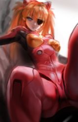 Rule 34 | 1girl, armpits, blue eyes, bodysuit, commentary request, curvy, evangelion: 3.0 you can (not) redo, eyepatch, foreshortening, hair between eyes, head tilt, headgear, highres, interface headset, long hair, looking at viewer, neon genesis evangelion, one eye covered, orange hair, parted lips, pilot suit, plugsuit, rebuild of evangelion, red bodysuit, sitting, solo, souryuu asuka langley, spread legs, twintails, two side up, yd (orange maru)