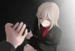 Rule 34 | 1girl, black jacket, blurry, blurry foreground, commentary request, crying, dirty, dirty face, empty eyes, girls und panzer, grey hair, hat, unworn hat, unworn headwear, itsumi erika, jacket, kuromorimine military uniform, looking at viewer, outstretched arm, pov, pov hands, reaching, red shirt, shirt, sitting, tears, yuuhi (arcadia)