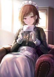 Rule 34 | 1girl, apron, black shirt, blouse, gloves, letter, long sleeves, looking at viewer, maid, maid apron, maid headdress, medium hair, original, parted bangs, red eyes, shirt, sitting, smile, solo, tokeshi, white gloves