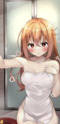 Rule 34 | 1girl, alternate breast size, arm up, blush, breast hold, breasts, cleavage, collarbone, covering privates, cowboy shot, crossed bangs, curvy, eyelashes, eyes visible through hair, glass door, hair between eyes, hair down, highres, inaba meguru, large breasts, long hair, looking at viewer, naked towel, nude cover, open mouth, orange eyes, orange hair, rubber duck, sanoba witch, shower (place), sitting, solo, straight-on, tile wall, tiles, towel, wavy hair, wet, wet hair, yosh1na