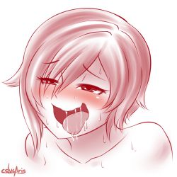 Rule 34 | 1girl, ahegao, blush, cslucaris, drooling, female focus, monochrome, naughty face, nude, ruby rose, rwby, sexually suggestive, solo, spot color, sweat, tongue, tongue out, white background