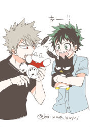 Rule 34 | 2boys, bakugou katsuki, black shirt, blonde hair, blue shirt, blush, boku no hero academia, freckles, green eyes, green hair, highres, holding, holding stuffed toy, looking at another, looking at object, male focus, midoriya izuku, multiple boys, open mouth, red eyes, sanrio, shirt, simple background, spiked hair, stuffed toy, sweatdrop, t-shirt, twitter username, ume (326310), v-shaped eyebrows, white background