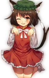 Rule 34 | 1girl, animal ears, blush, bow, brown hair, cat ears, cat tail, chen, earrings, fang, hat, highres, jewelry, long sleeves, looking at viewer, multiple tails, nekomata, one eye closed, open mouth, orange eyes, paw pose, shirt, shone, short hair, simple background, skirt, smile, socks, solo, tail, touhou, two tails, white background