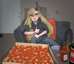 Rule 34 | 1girl, alternate costume, asymmetrical bangs, blonde hair, bright pupils, denim, door, double thumbs up, excited, food, green eyes, grey shirt, highres, indoors, insect hair ornament, jeans, light blush, long hair, looking at viewer, matangom, matangomu-chan, on chair, open mouth, original, pants, parody, photo-referenced, pillbug, pillow, pizza, plaid, plaid shirt, shirt, sitting, sleeves rolled up, smile, soda bottle, solo, sparkling eyes, table, thumbs up, v-shaped eyebrows, white pupils