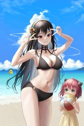 Rule 34 | 2girls, absurdres, ahoge, aki (user mxzg2544), anya (spy x family), arms up, ball, beach, beachball, bikini, black bikini, black choker, black hair, blue sky, blush, breasts, child, choker, cloud, day, double v, earrings, flower, gold earrings, gold hairband, green eyes, grin, hair down, hair flower, hair ornament, hairband, hairpods, highres, holding, holding ball, jewelry, large breasts, long hair, looking at another, looking at viewer, mother and daughter, multiple girls, navel, ocean, outdoors, red eyes, rose, rubber duck, sand, short hair, sky, smile, spy x family, stomach, swimsuit, thighs, v, very long hair, wavy hair, yor briar