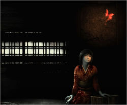 Rule 34 | 1girl, 3d, black hair, bug, butterfly, dark, fatal frame, fatal frame 2, female focus, ghost, insect, japanese clothes, kimono, long hair, night, sitting, solo, tachibana chitose